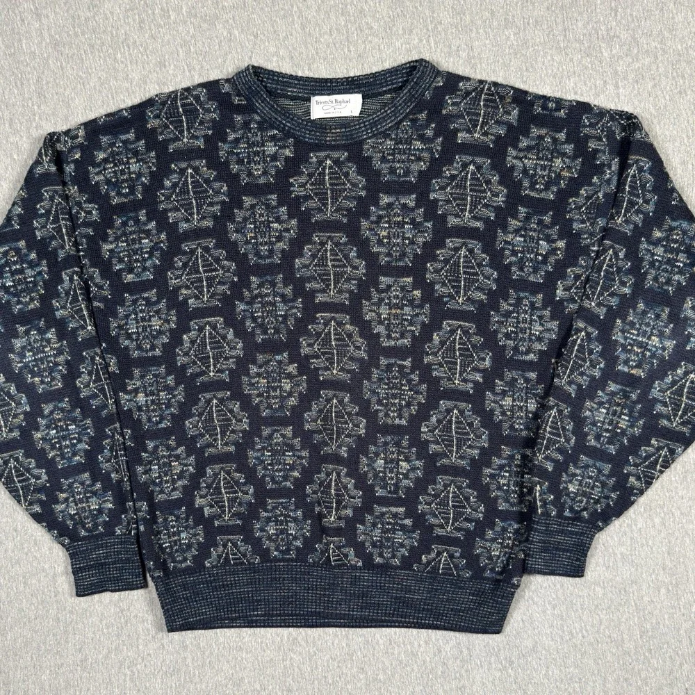 Vintage Tricots St Raphael Wool Sweater Mens Large Geometric 3D Knit Made In USA